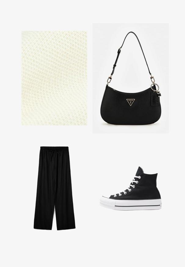 Next REGULAR FIT - Väst - white ecru; Svart långärmad topp i genomskinligt material, med rund halsringning och smal passform, med fint kantade fållar.; Svarta vida byxor i lättviktsmaterial, med elastisk midja och dragsko för justerbar passform. Slät textur.; Svart hög sneakers i canvas med vita ögla, snören och gummisulor. Har en texturerad tåskydd och svartvita randiga detaljer.; Svart syntetisk axelväska med en rundad siluett, strukturerad yta, guldtriangel-logotyp och avtagbara hårdvaruaccentuer.