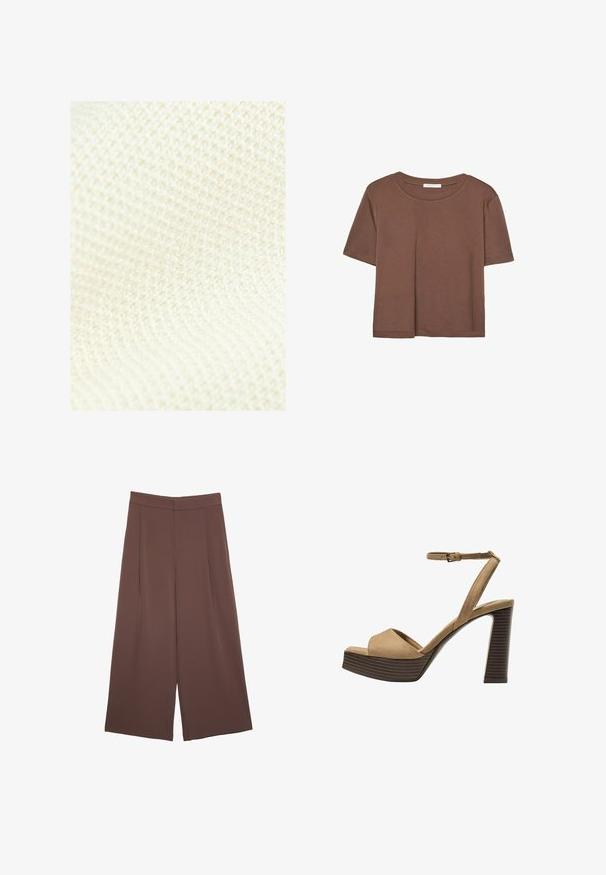 Next REGULAR FIT - Waistcoat - white ecru; Brown short-sleeve t-shirt made of soft fabric, with a round neckline and relaxed fit. No visible patterns or accents.; Brown wide-leg trousers with a smooth texture, featuring a high waist and front pleats. The fabric is lightweight and flows loosely.; Beige suede high-heeled sandals with a wide front strap and ankle strap, featuring a chunky wooden block heel with a textured finish.