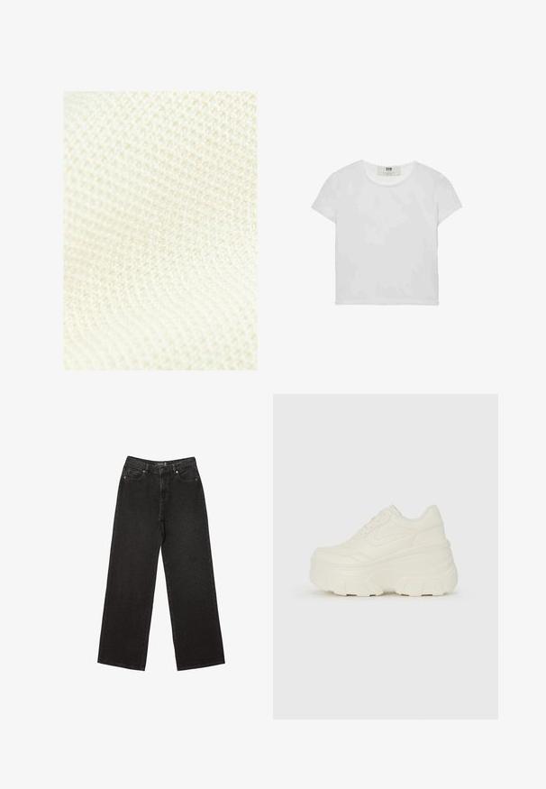 Next REGULAR FIT - Veste sans manches - white ecru; T-shirt blanc à manches courtes et col rond, en coton doux, avec un design simple et épuré, sans motifs ni accents visibles.; Jean noir à jambe large en denim, ornés de petits motifs à pois, avec un design classique à cinq poches et une fermeture à bouton et zip.; Baskets plateformes blanches avec une tige en simili cuir lisse, une forme arrondie, un col rembourré et une semelle en caoutchouc texturé avec des crampons définis.