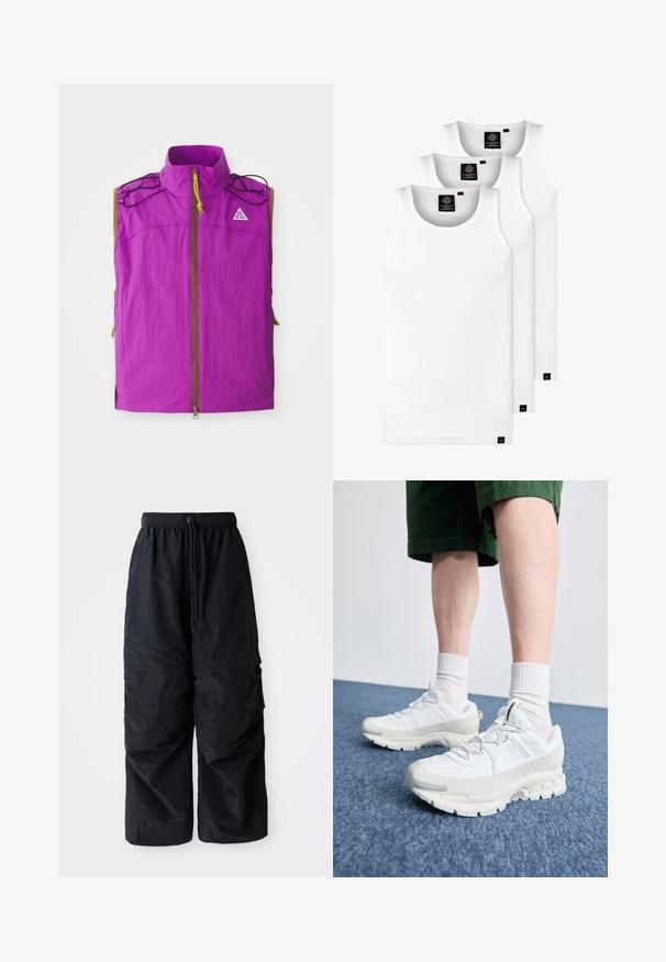 Lila ärmellose Weste mit hohem Kragen, Frontreißverschluss, schwarzen Kordeldetails an den Schultern und kleinem weißen dreieckigem Logo auf der Brust.; Drei weiße, gerippte Tanktops aus Baumwolle. Merkmale einen Rundhalsausschnitt und kleine schwarze Etiketten am Saum. In mehreren Größen erhältlich.; Schwarze, leichte Nylon-Cargohosen mit elastischem Bund, verstellbarem Kordelzug und mehreren geschichteten Taschen an den Beinen.; Weiße Sportschuhe mit strukturierten Überzügen, einer dicken Sohle und grauen Akzenten. Tragen mit weißen Crew-Socken und grünen Shorts auf einer blauen Oberfläche.