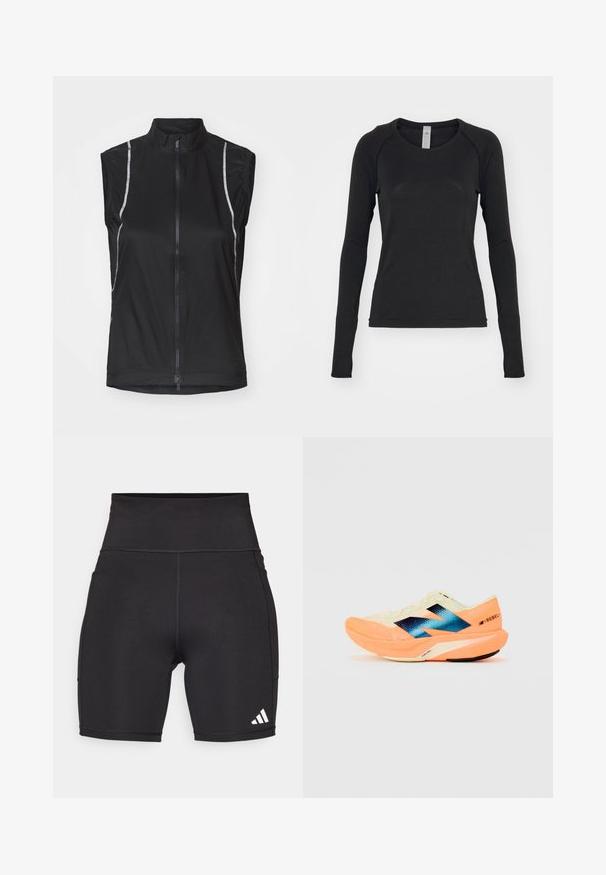 Černá bezrukávová cyklistická vesta vyrobená z lehkého materiálu, s předním zipem a reflexními prvky po stranách pro zvýšení viditelnosti.; Černá dlouhá rukávová košile vyrobená z měkké látky. Má kulatý výstřih a raglánové rukávy s otvory na palce na manžetách. Minimalistický design.; Černé sportovní šortky vyrobené z elastického materiálu. Vysoký pas, délka do poloviny stehna, s bílým logem tří pruhů na dolní levé straně.; Běžecká obuv s lehkým krémovým svrškem, modrým logem a oranžovými detaily na podešvi. Síťovina pro prodyšnost.