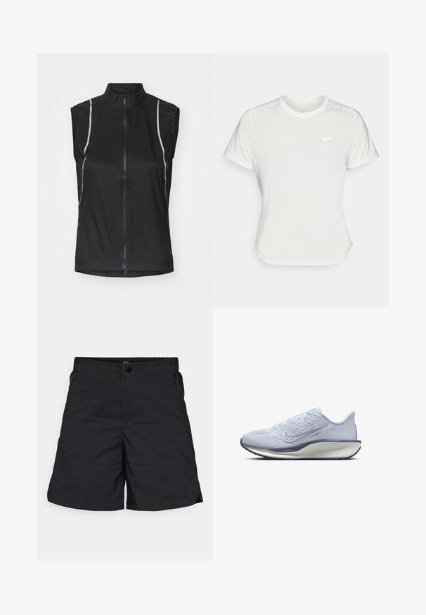 Zwarte mouwloze fietsvest gemaakt van lichtgewicht stof, met een rits aan de voorkant en reflecterende accenten aan de zijkanten voor zichtbaarheid.; Nike T-shirt in het wit, korte mouwen, ronde halslijn, gemaakt van een gladde, lichte stof. Bevat een subtiele logo op de borst.; Zwarte shorts gemaakt van lichtgewicht stof, met een knoopsluiting en twee zijzakken. Eenvoudig ontwerp met strakke lijnen en minimale details.; Lichtblauwe hardloopschoen met een ademend mesh bovenwerk, textuuraccenten, een gevoerde zool en een contrasterende donkerblauwe buitenzool.