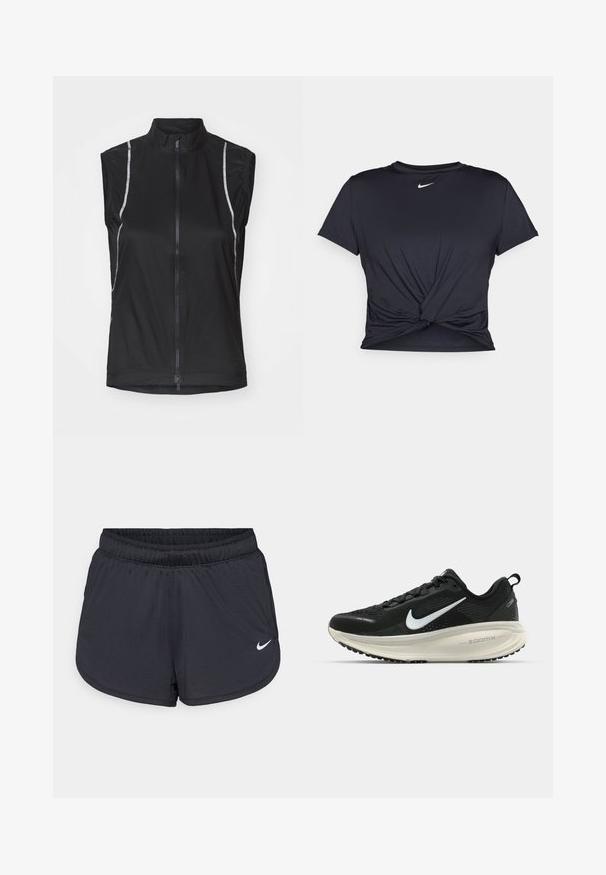 Gilet da ciclismo senza maniche nero realizzato in tessuto leggero, con zip frontale e dettagli riflettenti sui lati per una maggiore visibilità.; Maglietta atletica nera realizzata in tessuto liscio, con un design anteriore annodato e un piccolo logo Nike bianco sul petto.; Pantaloncini sportivi neri con cintura elastica, caratterizzati da un design sportivo e un logo Nike bianco sulla parte anteriore inferiore. Tessuto strutturato.; Scarpa da corsa nera Nike con tomaia in rete traspirante, logo Swoosh bianco, dettagli testurizzati e intersuola ZoomX di colore crema.