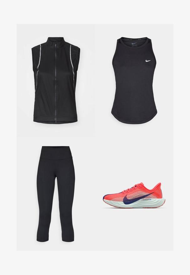 Schwarze ärmellose Radweste aus leichtem Material, mit einem Reißverschluss an der Vorderseite und reflektierenden Akzenten an den Seiten für bessere Sichtbarkeit.; Schwarzes Sporttanktop aus feuchtigkeitsableitendem Material. Mit Rundhalsausschnitt, enger Passform und weißem Nike-Logo auf der Brust.; Schwarze, cropped Leggings aus dehnbarem Material, mit einem hohen Bund und glatter Textur, ohne sichtbare Muster oder Hardware.; Laufschuhe mit einem atmungsaktiven Mesh-Obermaterial in leuchtendem Pink, marineblauen Akzenten und einer strukturierten weißen Mittelsohle mit "ZOOMX"-Logo.