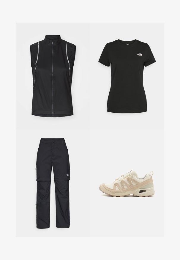 Svart ermeløs sykkelvest laget av lett materiale, med glidelås foran og reflekterende detaljer på sidene for synlighet.; Svart bomull t-skjorte med rund hals og korte ermer. Fremtredende hvit logo øverst til venstre. Glatt tekstur, avslappet passform.; Svarte nylon cargo-bukser med glidelås og justerbare mansjetter, flere lommer og en logo på høyre bein. Glatt, lett tekstur.; Beige og krem joggesko med teksturert mesh-overdel, støttende overlegg og gummisåle med et mønster for godt grep.
