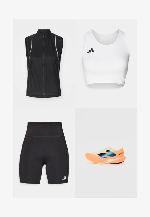 Must have musta kergest kangast, sinine ilma varrukateta jalgrattavest, millel on ees lukk ja külgedel peegeldavad detailid nähtavuse jaoks.; Valge spordipoe crop top sileda kangaga, ümmarguse kaelusega ja musta logo aktsendiga vasakul küljel.; Mustad mustad treeningshortid venivast kangast. Kõrge vöökoht, mõõdukas reie pikkus, alumisel vasakul küljel valge kolmest triibust koosnev logo.; Kergjalats kergest kreemjas ülemisest osast, sinise brändingu ja oranžide aktsentidega taldadel. Võrgumaterjal tagab hingavuse.