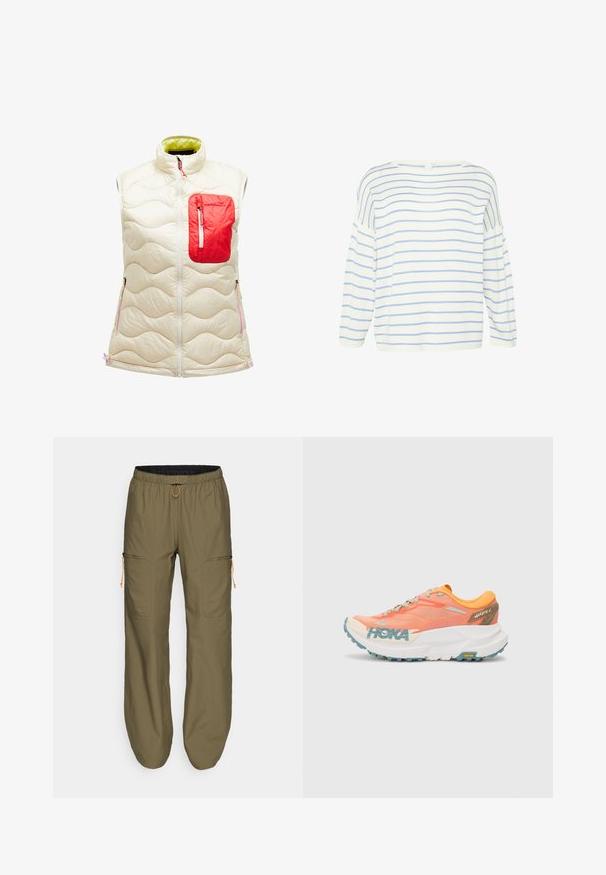 Gewatteerde mouwloze vest in ivoorkleur met een rode ritszak. Heeft een golfpatroon, een rits aan de voorkant en contrasterende groene voering. Accenten in roze.; Witte lange mouwen top met blauwe horizontale strepen. Heeft een wijde halslijn en een losse fit, gemaakt van zachte stof met een gladde textuur.; Lichte olijfgroene cargobroek met elastische tailleband en oranje trekkoord; heeft ritssluitingen aan de zijkanten en gestikte accenten.; Oranje en roze hardloopschoen met een bovenwerk van mesh, witte tussenzool, Vibram-buitenzool en lichte blauwe accenten. Bevat HOKA-branding aan de zijkant.