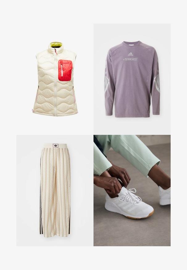 Zateplená bezrukávová vesta v slonovinové barvě s červenou kapsou na zip. Obsahuje vlnitý vzor, přední zip a kontrastní zelenou podšívku. Akcenty v růžové barvě.; Fialová mikina s dlouhým rukávem vyrobená z bavlny, s kulatým výstřihem, potiskem "TEAMGEIST" a abstraktními šedými grafikami na rukávech. Přítomné logo Adidas.; Krémové široké kalhoty s cikcak vzorem, s černým logem na pásu a černými pruhy po stranách. Lehčí, texturovaná tkanina.; Bílé atletické boty s textilním svrškem, gumovou podrážkou a designem tří pruhů. Šňůrky se právě upravují; viditelné jsou světlé šedé a mátově zelené oblečení.