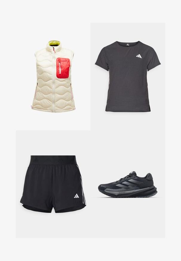 Zateplená bezrukávová vesta v slonovinové barvě s červenou kapsou na zip. Obsahuje vlnitý vzor, přední zip a kontrastní zelenou podšívku. Akcenty v růžové barvě.; Kraťasový sportovní tričko, tmavě šedé barvy s perforovanou texturou. Obsahuje bílé logo a kontrastní boční pruhy. Kulatý výstřih.; Černé sportovní šortky s elastickým pasem, s texturovaným páskem, bočními pruhy a bílým logem Adidas na dolním lemu.; Černá sportovní bota s texturovaným síťovaným svrškem, reflexními akcenty, polstrovanou podešví a aerodynamickým designem. Obsahuje logo se třemi pruhy.