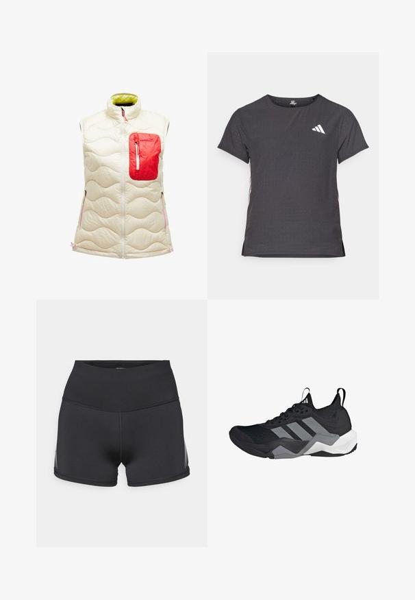 Pohodlná bezrukávová vesta v slonovinovej farbe s červeným zipsovým vreckom. Má vlnkový vzor, zips vpredu a kontrastnú zelenú podšívku. Doplnky v ružovej farbe.; Tričko s krátkym rukávom pre šport, tmavosivé s perforovanou textúrou. Obsahuje biele logo a kontrastné bočné pruhy. Okrúhly výstrih.; Čierne športové šortky s vysokým pásom, vyrobené z elastickej látky. Majú biele bočné pruhy a ploché švy pre pohodlie.; Čierna športová obuv s priedušným sieťovaným zvrškom, šedými akcentmi, textúrovanou podrážkou a tromi výraznými pruhmi po boku.