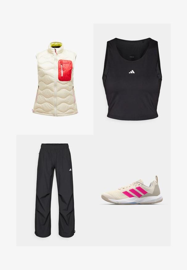 Padded sleeveless vest in ivory with a red zippered pocket. Features a wave pattern, zip front, and contrasting green lining. Accents in pink.; Black sports crop top made from moisture-wicking fabric, featuring a round neck, sleeveless design, and white logo on the chest.; Black, lightweight, waterproof pants with an elastic waistband, side pockets, and adjustable cuffs. Features a white logo on the left thigh.; Beige athletic shoe with pink three-stripe logo, textured mesh upper, padded collar, and white rubber sole, featuring "LIGHTSTRIKE" branding.
