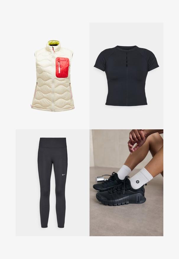 Gewatteerde mouwloze vest in ivoorkleur met een rode ritszak. Heeft een golfpatroon, een rits aan de voorkant en contrasterende groene voering. Accenten in roze.; Zwarte korte mouwen top met een hoge halslijn, knoopdetail aan de voorkant, gemaakt van rekbaar materiaal, met raglanmouwen en vlakke naden.; Zwarte legging van rekbare stof met een hoge tailleband en een wit Nike-logo op de linkerdij. Gladde textuur, aansluitend ontwerp.; Zwarte sport schoenen van een gestructureerde stof, met vetersluiting en een opvallende zool, gecombineerd met witte geribbelde sokken met een klein logo.