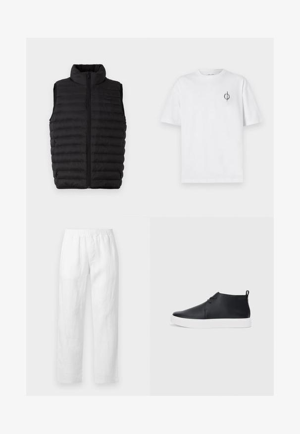 Colete puffer preto com colarinho alto, fecho completo e design acolchoado para isolamento. Feito de um tecido leve e resistente à água.; Camisa de algodão branca com um corte relaxado, apresentando um pequeno logótipo gráfico preto na área do peito esquerdo. Mangas curtas, estilo de gola redonda.; Calças de linho branco com cintura elástica, corte reto e textura suave, sem padrões visíveis ou detalhes de ferragens.; Sapatilhas altas de couro preto com um acabamento suave, sola de borracha branca e um design simples de atacadores. Apresenta uma alça na parte de trás.