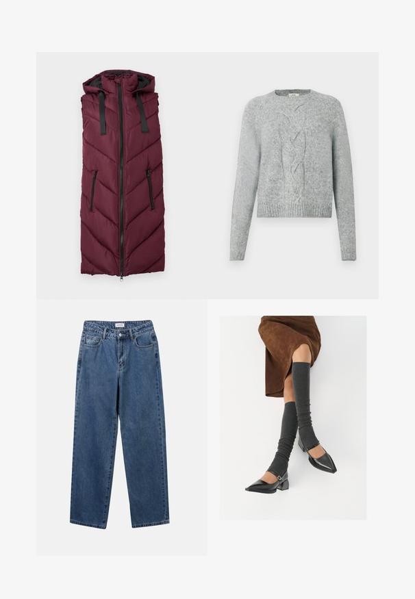 Bordo puffer prsluk s kapuljačom, s chevron rebrastim uzorkom, prednjim zatvaračem na patentni zatvarač i dva bočna džepa na patentni zatvarač.; Svijetlosivi pleteni pulover s dugim rukavima, okruglim izrezom i središnjim uzorkom pletenice sprijeda.; Klasične plave traperice s ravnim nogavicama, pet džepova i dugmadom za zatvaranje. Imaju srednje pranje i čvrstu teksturu.; Crne lakirane cipele s šiljastim prstima, blok-petom i remenom oko gležnja, uparene s sivim rebrastim čarapama do koljena i smešnom suknjom od antilopa.