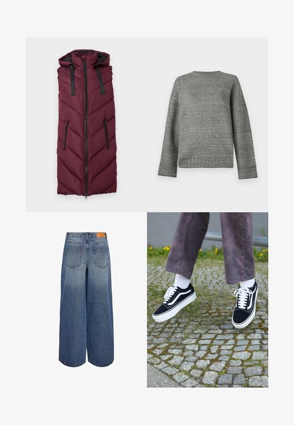 Burgunderfarget puffervest med hette, med et chevronsydd mønster, frontlås og to sidelommer med glidelås.; Grå strikkegenser med rund hals, senket skuldre og ribbestrikkede mansjetter og kant. Glatt tekstur med ensfarget og minimal detaljer.; Bredde ben denim culottes i middels blå vask med en falmet tekstur, med to baklommer og en brun lærmerke på midjebåndet.; Svarte semskede joggesko med hvite detaljer, med rund tå, tykk hvit såle og klassisk snøring, båret med hvite sokker og lilla bukser.