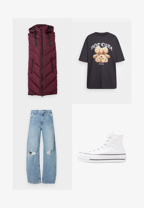 Burgunderfärgad pufferväst med huva, med ett chevron-quiltat mönster, frontdragkedja och två sidofickor med dragkedja.; Svart oversized t-shirt med en grafik av en björn och texten "INTE SÖT MEN VILD" i fet, vit lettering. Tillverkad av bomull.; Ljusblå, högmidjade jeans i denim. Har vida ben, två slitna knäområden och klassisk femfickedesign.; Vit hög topp canvas sneaker med svart gummisulan, framsidan gummitåhätta och sex öglor för snören, med en ren, minimalistisk design.