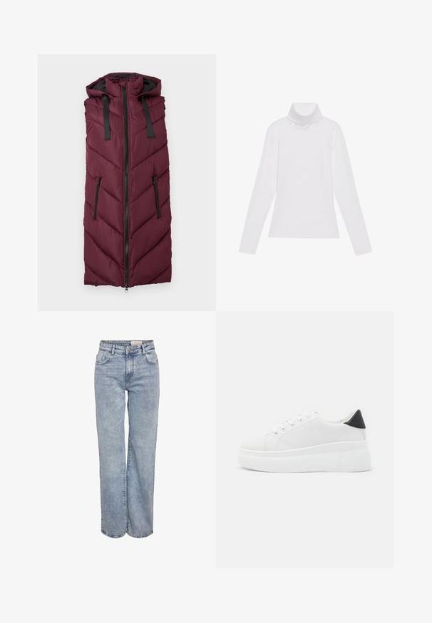 Μπούργκουντυ γιλέκο πούφ με κουκούλα, που διαθέτει καπιτονέ σχέδιο ζιγκ-ζαγκ, μπροστινή κλείσιμο με φερμουάρ και δύο πλαινά φερμουάρ.; Λευκή μακρυμάνικη μπλούζα με ψηλό λαιμό από λείο, ελαστικό ύφασμα. Διαθέτει ψηλό γιακά και εφαρμοστή σχεδίαση, χωρίς ορατά σχέδια ή διακοσμητικά.; Ανοιχτού μπλε τζιν με φαρδιά πόδια, κατασκευασμένα από τζιν ύφασμα, με ψηλή μέση, πέντε τσέπες και μια subtile φθορά για ένα εμφάνιση φθαρμένου.; Λευκά πλατφόρμα αθλητικά παπούτσια κατασκευασμένα από λείο συνθετικό υλικό, με στρογγυλή μύτη, σχέδιο με κορδόνια και υφασμένη καουτσούκ σόλα. Μαύρη έγχρωμη λεπτομέρεια στη φτέρνα.