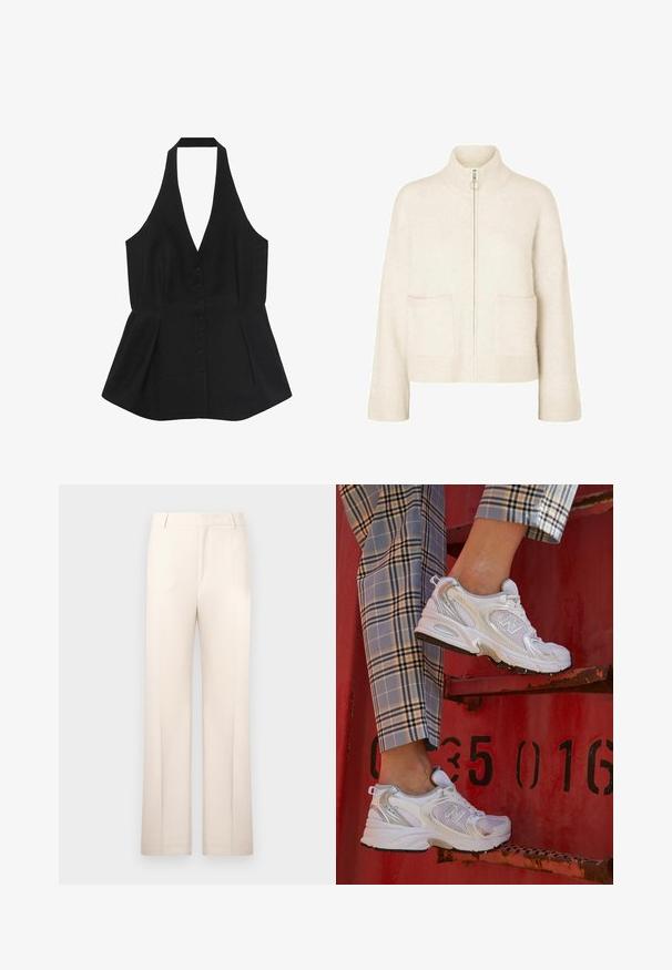 Schwarzes Top mit Neckholder und tiefem V-Ausschnitt, Knopföffnung vorne und Peplum-Saum. Glattes Material mit maßgeschneidertem Design und nahtlosen Kanten.; Gekürzter cremefarbener Pullover mit hohem Kragen, Frontreißverschluss und zwei Vorderaschen. Aus weichem, gestricktem Stoff mit eingeprägten Akzenten.; Weißes, geripptes Top mit Spitze an Halsausschnitt und Ärmeln. Hat eine weiche Textur und eine figurbetonte Passform. Markenlabel innen sichtbar.; Beige maßgeschneiderte Hose mit geradem Schnitt, aus leichtem Stoff gefertigt. Sie verfügt über Vorderfalten und einen klassischen Bund.; Weiße Mesh-Sneaker mit silbernen Akzenten und einer strukturierten Sohle, platziert auf einer roten Oberfläche, kombiniert mit karierter Hose.