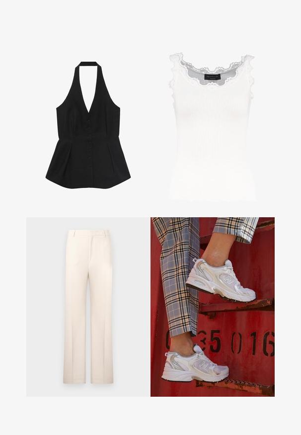 Black halter neck top with a deep V neckline, button-down front, and peplum hem. Smooth fabric with tailored design and seamless edges.; White ribbed tank top with lace trim on the neckline and sleeves. Features a soft texture and fitted shape. Brand label visible inside.; Beige tailored trousers with a straight-leg design, made from lightweight fabric. Features front pleats and a classic waistband.; White mesh sneakers with silver accents and a textured sole, positioned on a red surface, paired with plaid trousers.