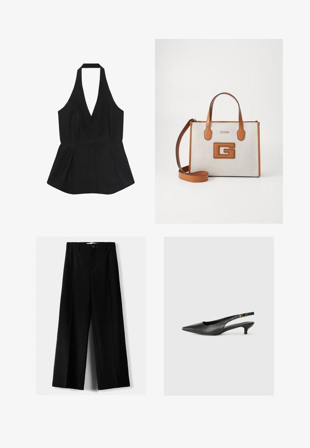 Top negru cu gât halter, cu decolteu adânc în formă de V, față cu butoane și tiv peplum. Material neted cu design croit și margini fără cusături.; Top negru fără mâneci, cu decolteu în V, design evazat și textură netedă. Materialul pare moale, cu drapaj subtil.; Pantaloni negri cu picior larg, fabricați dintr-un material ușor, cu închidere frontală cu nasture și față plată, având tivuri cusute cu atenție.; Pantofii slingback negri cu vârf ascuțit sunt fabricați din piele netedă. Au un toc subțire și un detaliu cu cataramă pe cureaua ajustabilă.; Geantă de umăr în nuanțe de bej și maro deschis, cu logo, din material texturat, cu două mânere și curea de umăr detașabilă. Are litere aurii și un emblemă distinctă cu G.