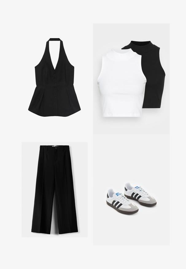 Czarna bluzka na halter z głębokim dekoltem w kształcie V, zapinana na guziki z peplum na dole. Gładki materiał z dopasowanym krojem i bezszwowym wykończeniem.; Dwa bezrękawnikowe golfy w kolorze czarnym i białym, charakteryzujące się dopasowanym fasonem i gładką teksturą, o skróconej długości.; Czarne spodnie szerokie, wykonane z lekkiego materiału, z zapięciem na guzik z przodu i gładkim przodem, z starannie wykończonymi brzegami.; Buty sportowe z białą skórzaną cholewką, szarym zamszowym noskiem i trzema czarnymi paskami. Posiadają niebieskie logo na języku oraz teksturowaną gumową podeszwę.
