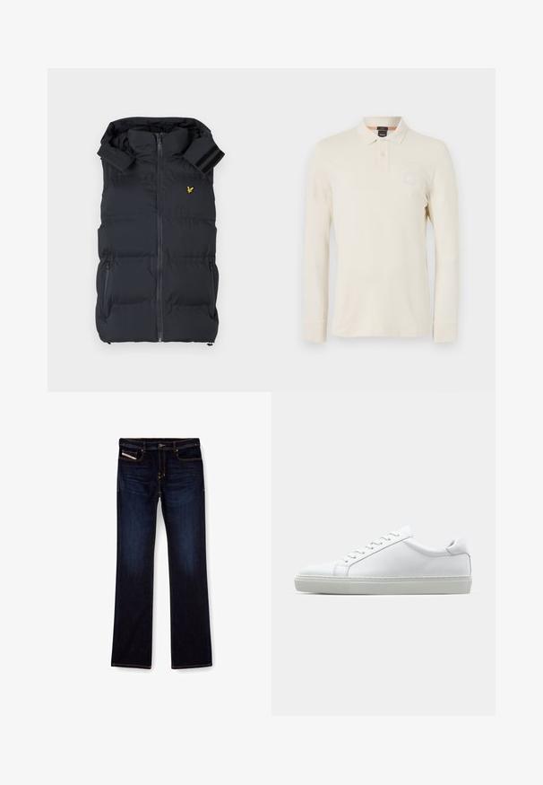 Sort puffer vest med høj krave, frontlynlås, to sidelommer og skulderdetaljer. Har et lille gult logo på brystet.; Langærmet polo t-shirt i lys beige, lavet af glat stof, med polo krave, to-knaps placket og et lille logo patch på brystet.; Mørkeblå denim jeans med lige ben, med orange syninger, lynlås og forlommer. Glat tekstur og standard talje.; Hvide sneakers med en glat læderoverdel og lav profil. Har en rund tå, seks snørehuller og en tekstureret gummisål.