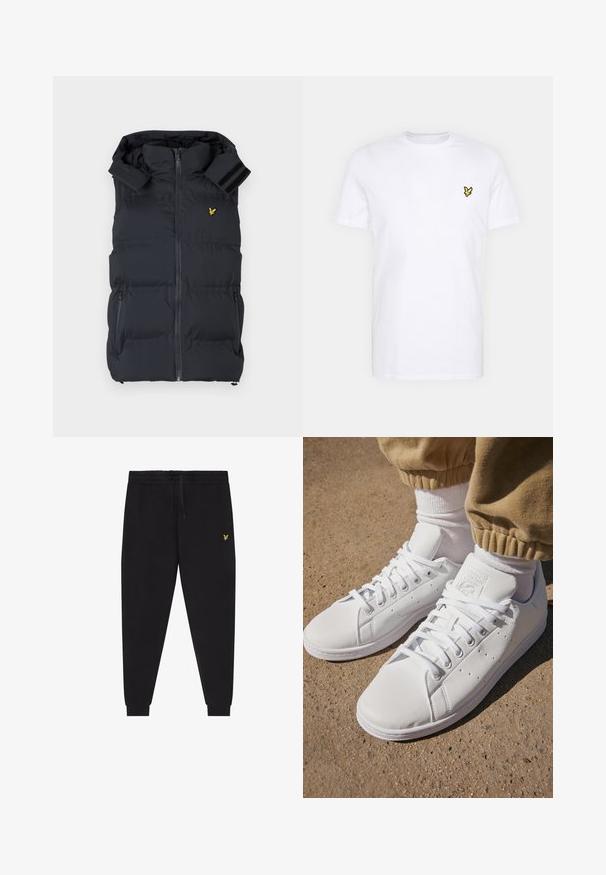 Černá pufovaná vesta s vysokým límcem, předním zipem, dvěma bočními kapsami a akcenty na ramenou. Obsahuje malé žluté logo na hrudi.; Bílý bavlněný tričko s malým černým a žlutým vyšitým logem na levé hrudi. Krátké rukávy a kulatý výstřih.; Černé teplákové kalhoty s elastickým pasem a stahovací šňůrkou, zúžené nohavice s manžetami a malým žlutým vyšívaným logem na pravém stehně.; Bílé kožené tenisky s hladkým povrchem, které mají klasický design na šněrování, perforace pro prodyšnost a jemně strukturovanou gumovou podrážku.