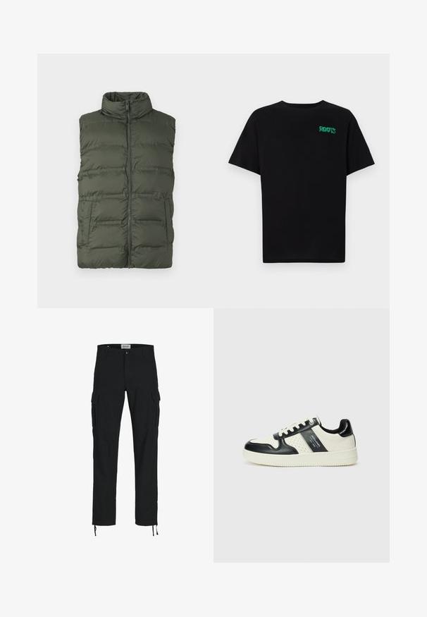 Dark green padded sleeveless vest with high collar and front zipper, featuring two side pockets, displayed on a plain background.; Black t-shirt made of cotton with short sleeves. Features a green "ROOTS" logo on the front, round neckline, and standard fit.; Black cargo pants with a straight cut, featuring side pockets, a button closure, and elastic drawstrings at the ankles. Made from durable fabric.; Leather sneakers with a black and cream color scheme, featuring perforated accents, a padded collar, and a textured outsole.