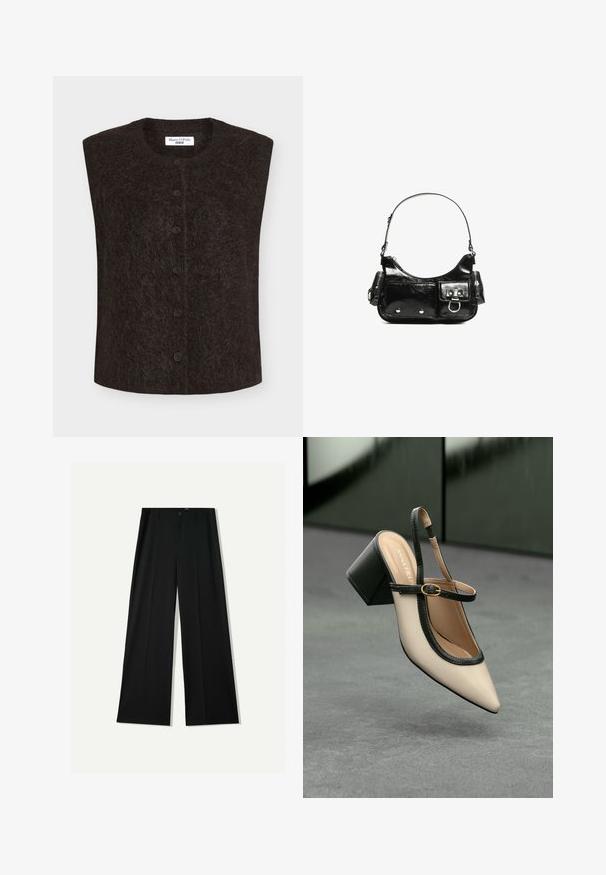 Črna telovnik s kratkimi rokavi iz mehke, strukturirane tkanine, z okrolim izrezom in zapenjanjem na sprednji strani s petimi gumbi.; Top s spuščenimi rameni v temno rjavi barvi iz prilegajočega pletenega materiala. Ima dolge rokave in skrajšan dizajn z gladko teksturo.; Bershka WIDE - Hlače - black; Bežna slingback čevlja z uskim sprednjim delom, črnimi detajli, zlatim zaponko in debelim blokovskim peto na sivi tleh s temno zeleno ozadje.; Črna lakasta usnjena torbica s ukrivljeno obliko, enim ramenskim trakom, sprednjimi žepi in srebrnimi kovinskimi dodatki.