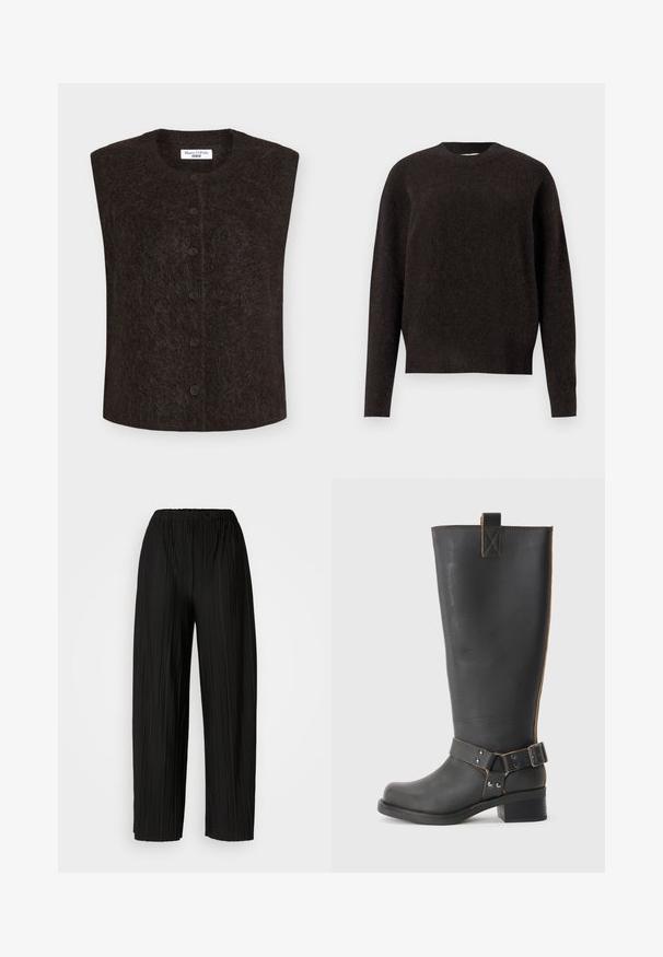 Crna prsluk kratkih rukava od mekanog, teksturiranog materijala, s okruglim izrezom i zatvaranjem sprijeda na pet gumba.; Samsøe Samsøe ANOUR - Vesta - black coffee; Crne široke hlače s nabranim nogavicama i elastičnim pojasom. Tkanina ima vertikalne nabore i glatku teksturu.; Crne kožne čizme do koljena s teksturiranom završnom obradom, sa bočnim detaljem s kopčom i niskom petom. Detaljno šivanje duž šavova.