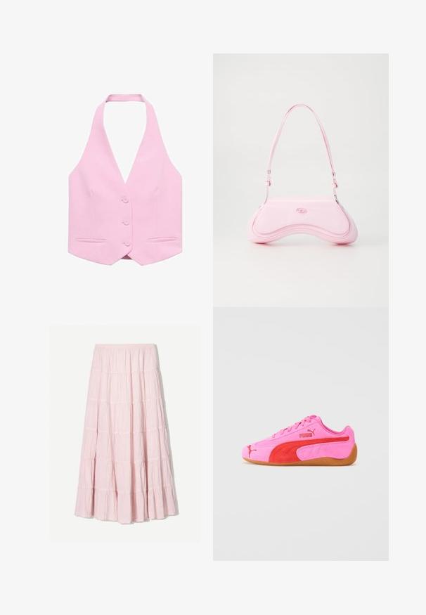 Mango Weste - pink; Weiße ärmellose Bluse aus strukturiertem Stoff. Verfügt über einen runden Ausschnitt und ein vornes Schnürdetail mit lockeren Bändern. Rüschensaum.; Helles Rosa, gestuftes Maxikleid aus einem strukturierten, leichten Stoff. Elastischer Bund und fließender Saum mit Rüschendetails.; Rosa Wildlederschuh mit roten Akzenten, einer Gummisohle und charakteristischen Logodetails. Mit einer abgerundeten Zehenpartie und einem Schnürdesign.; Diesel Handtasche - quartz pink