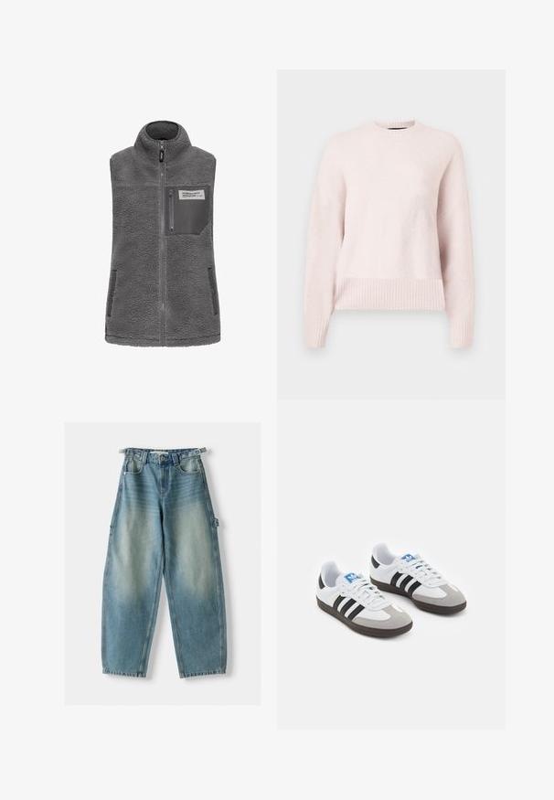 Grau ärmellose Fleece-Weste mit hohem Kragen, durchgehendem Reißverschluss, Reißverschlusstasche auf der Brust und zwei seitlichen Druckknopftaschen.; Helles rosa Sweatshirt mit rundem Halsausschnitt und gerippten Bündchen. Der Stoff erscheint weich und gemütlich, geeignet für Freizeitkleidung.; Hoch taillierte, hellblaue Jeans aus Denim mit lockerer Passform. Merkmale sind ein Knopfverschluss, Gürtelschlaufen und seitliche Taschen.; Sportschuhe mit einem Obermaterial aus weißem Leder, grauer Wildleder-Zehenkappe und drei schwarzen Streifen. Sie verfügen über ein blaues Logo auf der Zunge und eine strukturierte Gummisohle.