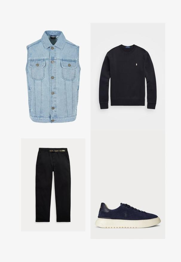 Gaiši zila džinsu veste ar klasisku dizainu, ļoti labi izstrādāta, iekļaujot apkakli, pogu priekšpusi, divas krūšu kabatas un metāla aizdaru detaļas.; Melnā kapučjakas izgatavots no kokvilnas maisījuma, ar apaļu kaklu, garām piedurknēm, ribota apakšmala un piedurkņu galiem, un ar nelielu izšūtu logo uz krūšu daļas.; Melnas bikses, izgatavotas no viegla auduma, ar elastīgu jostu un integrētu zaļu jostu, taisna piegriezuma un sānu kabatām.; Jūras kara flotes zamšādas zemas kedas ar strukturētu virsmu, gumijas zoli un tonālām šņorēm, ar mazu logotipu uz sāna un papēža.