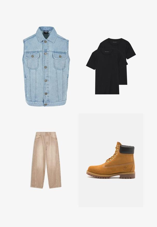 Svetlomodrá denimová vesta s klasickým dizajnom, ktorá má golier, predné zapínanie na gombíky, dve hrudné vrecká a kovové detaily na cvočky.; Dvoje čiernych bavlnených tričiek s krátkymi rukávmi, okrúhlym výstrihom a hladkou textúrou, vystavených naskladaných spolu.; Bežové kordové nohavice s širokými nohavicami a vertikálnym ryhovaním, s prednými vreckami, pútkami na opasok a zipsom s gombíkovým zapínaním.; Tyrkysové semišové členkové topánky s čiernym polstrovaným golierom, zlatými kovovými očkami, bielym prešívaním a robustnou gumovou podrážkou s výraznými drážkami.