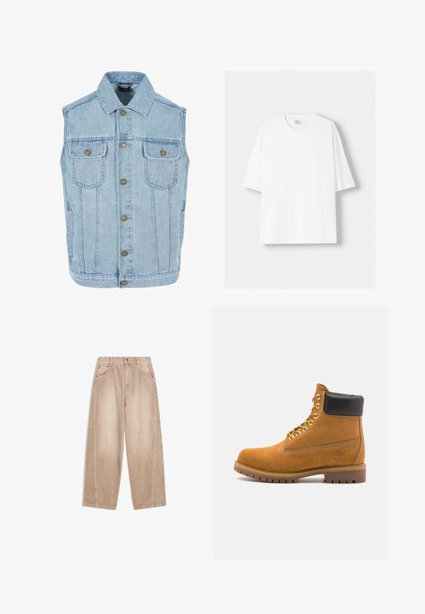 Vaaleansininen farkkuliivi, jossa on klassinen muotoilu. Siinä on kaulus, nappikiinnitys, kaksi rintataskua ja metalliset nepparit.; Valkoinen lyhythihainen t-paita, joka on valmistettu puuvillasta, ominaisuutenaan pyöreä pääntie ja rento istuvuus. Sileä pinta, ilman näkyviä kuvioita tai yksityiskohtia.; Beige corduroy levele-legged trousers with vertical ribbing, which feature front pockets, belt loops, and a zip fly with button closure.; Valkoinen nahkainen nilkkuri mustalla pehmustetulla kauluksella, kultaisilla metallisilla rei'illä, valkoisella ompeluksella ja jykevällä kumipohjalla, jossa on selvästi näkyvät urat.