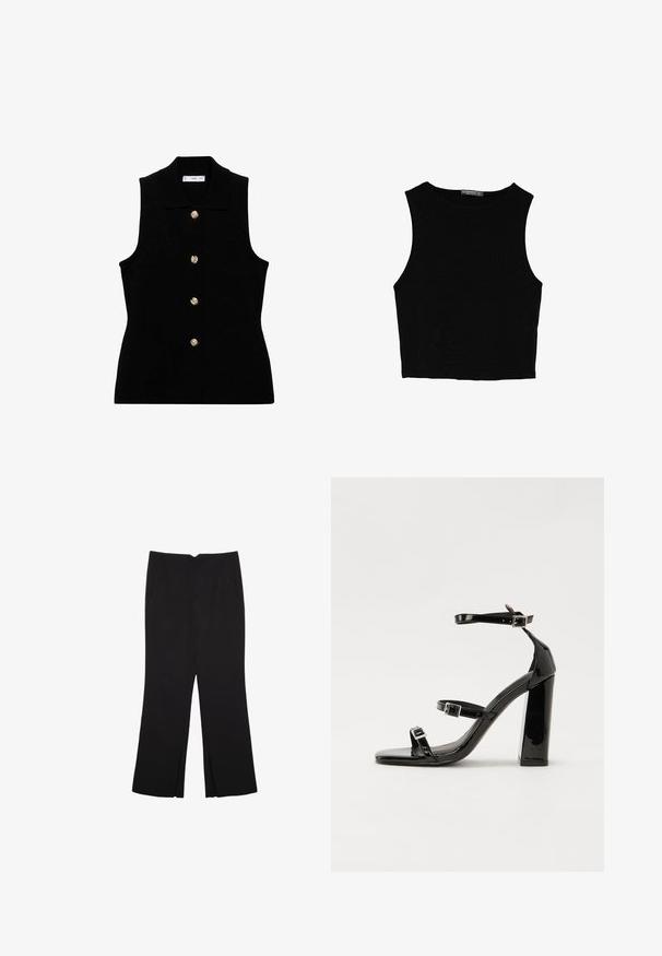 Black sleeveless vest with collar, featuring gold-tone button closures. Made of textured fabric, fitted shape, and classic design.; Black sleeveless crop top made of smooth fabric, featuring a round neck and a clean, simple design without patterns or hardware.; Black trousers with a straight fit, featuring front pockets and side slits at the hem. Made of soft, smooth fabric. Suitable for various occasions.; Black patent heeled sandals with a square toe, ankle straps, and silver buckles. Features a chunky block heel for stability.