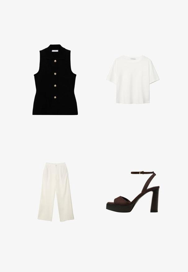 Czarna bezrękawnik z kołnierzem, z zapięciem na złote guziki. Wykonany z teksturowanej tkaniny, o dopasowanym kroju i klasycznym designie.; Biała koszulka z krótkim rękawem, wykonana z bawełny. Posiada okrągły dekolt i luźny krój. Gładka faktura bez widocznych wzorów czy akcentów.; Spodnie z szerokimi nogawkami w kremowej tkaninie o gładkiej fakturze, z pojedynczym guzikiem z przodu, subtelnymi plisami i wysokim stanem.; Brązowe zamszowe sandały na wysokim obcasie z odkrytymi palcami, regulowanym paskiem na kostce i paskowatą podeszwą.