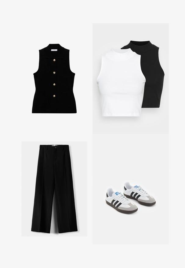 Vest negru fără mâneci cu guler, având închidere cu nasturi de culoare aurie. Fabricat dintr-un material texturat, cu o formă ajustată și un design clasic.; Două bluze fără mâneci, cu guler înalt, în culorile negru și alb, având un design ajustat și o textură netedă, cu o lungime scurtă.; Pantaloni negri cu picior larg, fabricați dintr-un material ușor, cu închidere frontală cu nasture și față plată, având tivuri cusute cu atenție.; Încălțăminte sport cu un superior din piele albă, vârf din suede gri și trei dungi negre. Prezintă un logo albastru pe limbă și o talpă din cauciuc texturat.