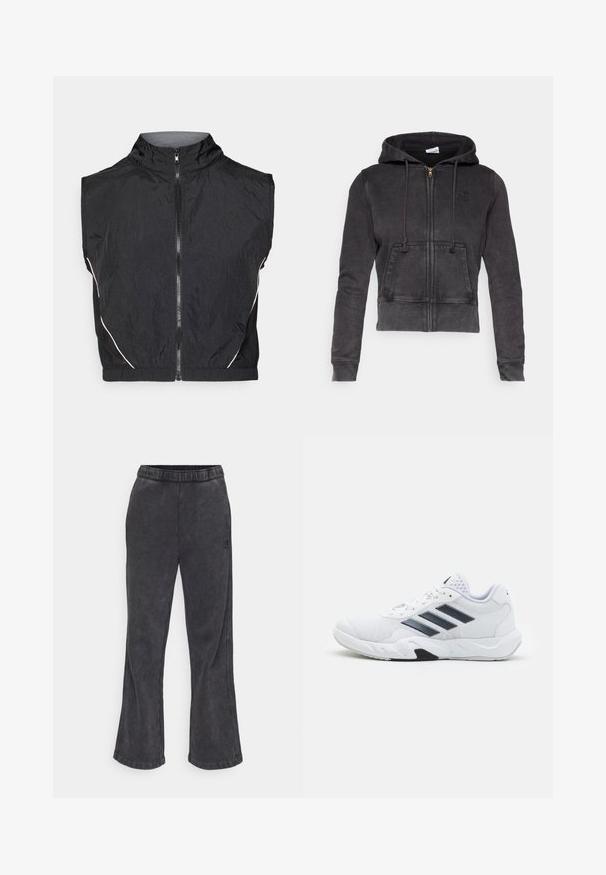 Černá bezrukávová vesta vyrobena z lehkého materiálu, s vysokým límcem, předním zipem a jemnými bílými akcenty podél švů.; Tmavě šedá zkrácená mikina s kapucí vyrobená z bavlněné směsi, se zapínáním na zip vpředu, nastavitelnými šňůrkami a klokankou. Obsahuje malé logo na hrudi.; Bílé krátké rukávy bavlněné tričko s kulatým výstřihem a malým logem v levém horním rohu hrudi. Měkká textura a standardní střih.; Zúžené tepláky ve tmavě šedé látce s měkkou texturou. Obsahují elastický pas a vyšívané logo na boku.; Bílé sportovní boty s vrškem ze síťoviny, třemi černými pruhy po stranách, texturovanými akcenty a odolnou gumovou podrážkou s kontrastní černou částí.