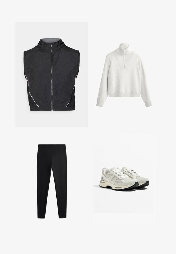 Czarna bezrękawnik wykonany z lekkiego materiału, z wysokim kołnierzem, z przodu na zamek oraz delikatnymi białymi detalami wzdłuż szwów.; Jasnoszara bluza z wysokim kołnierzem, z pół-zamkiem błyskawicznym i prążkowaną fakturą. Prosty krój z opuszczonymi ramionami i strukturalnym designem.; Czarne legginsy wykonane z gładkiego, elastycznego materiału. Posiadają szeroki pas oraz zwężany krój nogawek, odpowiednie zarówno do aktywności fizycznej, jak i na co dzień.; Lekki obuwie biegowe w odcieniach beżu i szarości. Siatkowa cholewka, gumowa podeszwa, sznurówki z wzmocnionymi oczkami oraz fakturowany akcent na pięcie.