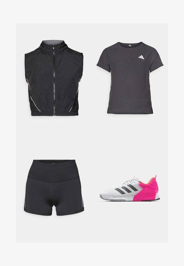 Colete preto sem mangas feito de material leve, apresentando uma gola alta, fecho frontal e detalhes brancos subtis ao longo das costuras.; T-shirt atlético de mangas curtas, cinza escuro com textura perfurada. Apresenta um logo branco e riscas laterais contrastantes. Decote arredondado.; Calções atléticos pretos com cintura alta, feitos de tecido elástico. Apresentam riscas laterais brancas e costuras flatlock para maior conforto.; Sapatilha desportiva branca com riscas cinzentas, parte superior em malha e calcanhar e detalhes cor-de-rosa. Apresenta um calcanhar texturizado e sola de borracha. Cadarços e colarinho acolchoado.