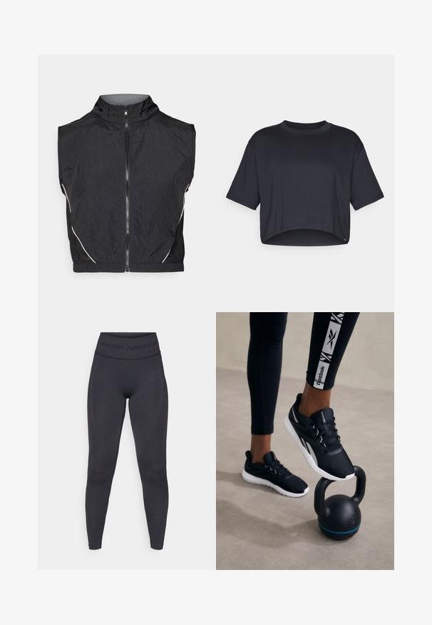 Schwarze ärmellose Jacke aus leichtem Material, mit hohem Kragen, Front-Reißverschluss und dezenten weißen Akzenten entlang der Nähte.; Schwarzes, kurz geschnittenes T-Shirt aus weichem Baumwollstoff, mit Rundhalsausschnitt und kurzen Ärmeln, einem sauberen Saum und ohne sichtbare Muster oder Akzente.; Schwarze Leggings mit einem hohen, elastischen Bund, der den Schriftzug "UNDER ARMOUR" trägt. Glatte Textur mit subtilen Musterakzenten entlang der Beine.; Schwarze Sportschuhe mit strukturiertem Obermaterial, weißen Sohlen und grauen Akzenten, positioniert auf einer schwarzen Kettlebell mit einem blauen Streifen, vor einem neutralen Hintergrund.