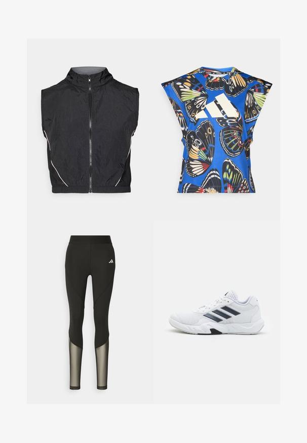 Veste sans manches noire en matériau léger, avec un col montant, une fermeture éclair à l'avant et de subtils accents blancs le long des coutures.; Chemise bleue à manches courtes ornée d'un imprimé de papillons colorés, avec un grand logo blanc sur le devant et un col rond.; Leggings de sport noirs avec une taille haute, présentant des accents en mesh sur le bas des jambes et un logo brodé sur la hanche.; Baskets blanches avec une tige en maille, trois rayures noires sur le côté, des accents texturés et une semelle en caoutchouc robuste avec une section noire contrastante.