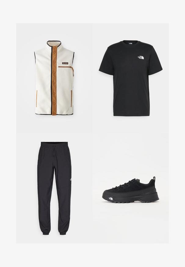 Kremkrāsas flīsa veste ar augstu apkakli, brūniem akcentiem un kabatu ar rāvējslēdzēju. Iezīmēta ar melnu apdari un spiedpogām jostas priekšpusē.; Melna kokvilnas T-krekls ar īsām piedurknēm, apaļu kakla izgriezumu un mazu balto logotipu kreisajā krūtīs. Vienkāršs dizains, gluda tekstūra un brīvs piegriezums.; Melni sporta bikses, kas izgatavotas no viegla auduma, ar savelcamu jostu, sānu kabatām un sašaurinātiem apakšējiem galiem pie potītēm.; Melni āra sporta apavi ar zamšādas virsu, teksturētu gumijas zoli un izturīgu auklu sistēmu. Iezīmēts ar pastiprinātu papēdi un zīmola logo sānu daļā.