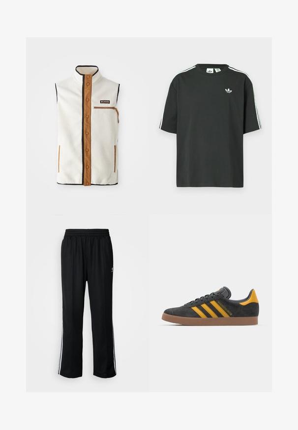 Fleece vest in cream with a high collar, brown accents, and zippered pocket. Features black trim and snap button closure along the front.; Black cotton t-shirt with short sleeves, crew neckline, and white three-stripe detailing on shoulders. Features a small white logo on chest.; Black athletic pants with an elastic waistband, featuring white side stripes and a small logo. Material appears soft and lightweight.; Black suede sneaker with yellow accents, featuring three stripes and a brown rubber sole. Includes a padded tongue for comfort.