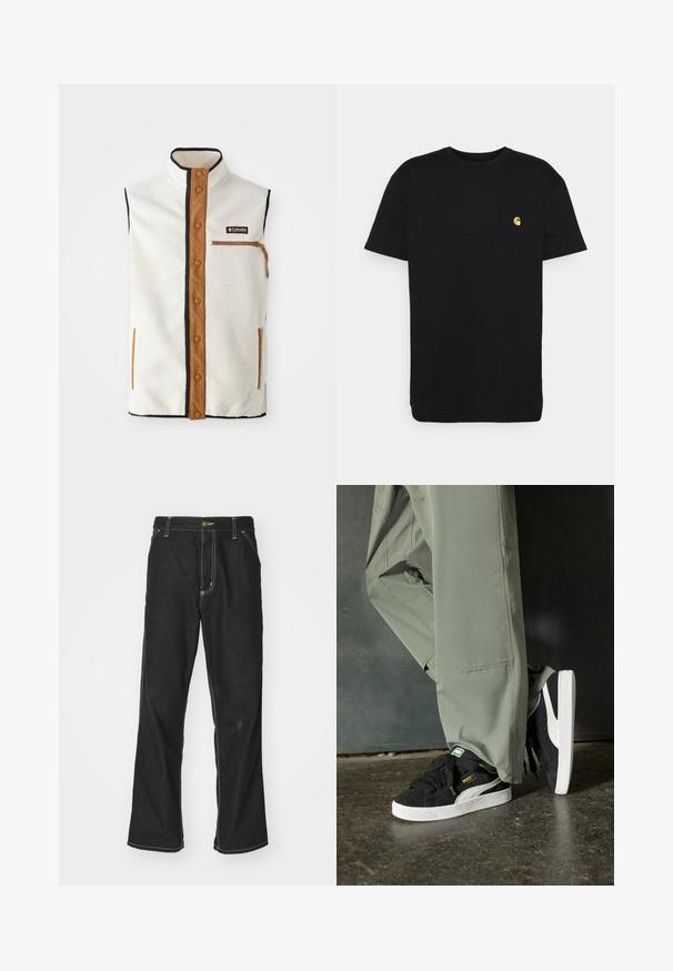 Fleece vest in cream with a high collar, brown accents, and zippered pocket. Features black trim and snap button closure along the front.; Black cotton t-shirt with short sleeves, crew neck, and a small yellow logo on the left chest area. Simple design and regular fit.; Black denim jeans with a loose fit, featuring contrasting white stitching, a button closure, and a straight leg design.; Black suede sneakers with white rubber soles and side stripes, paired with light green cargo pants, standing on a textured dark surface.