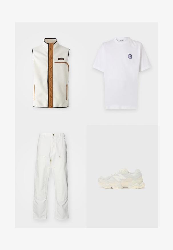 Flisasti brezrokavnik v kremni barvi z visokim ovratnikom, rjavimi akcenti in žepom z zadrgo. Ima črno obrobo in zaponko na sprednji strani.; Bela bombažna majica s kratkimi rokavi, okrolim izrezom in majhnim, vezenim modrim logotipom "C" na levi strani prsnega koša.; Bela bombažna cargo hlače z udobnim krojem. Značilnosti vključujejo sprednje žepe, zlato poudarjeno kovinsko opremo in ojačane kolenske dele.; Lahki športni čevlji z zgornjim delom iz mrežastega materiala in antilopa v nežnih kremnih tonih, z debelim podplatom in tridimenzionalnimi poudarki.