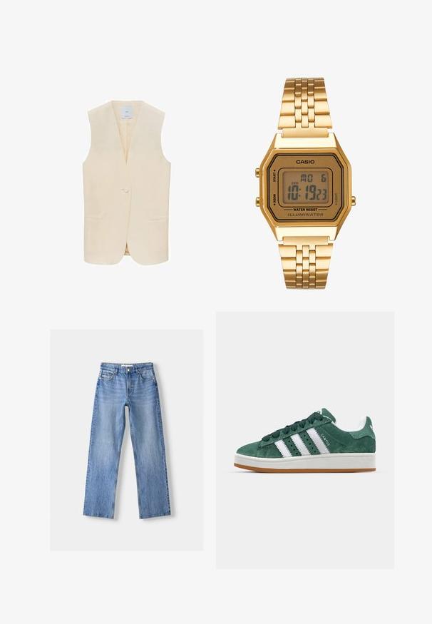 Vesta crem cu mâneci scurte, cu un singur buton la închidere, cu rever înclinat și două buzunare frontale. Material neted și siluetă ajustată.; Top fără mâneci, negru, cu un guler înalt și un design cu textură riglată. Prezintă o siluetă ajustată și o textură moale.; Jeanși din denim de culoare albastru deschis, cu croială dreaptă, având cinci buzunare, închidere cu nasture în față și decolorări subtile pentru textură.; Tenis verde din suede cu dungi albe din piele, talpă din cauciuc, guler căptușit și design minimalistic. Prezintă branding pe lateral.; Ceas digital auriu cu un cadran dreptunghiular, ecran LCD, bratara din otel inoxidabil si butoane pe lateral. Are eticheta de rezistenta la apa.