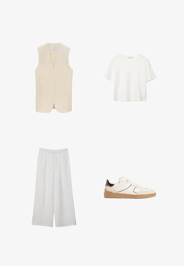 Beige ärmellose Weste mit einem einzelnen Knopfverschluss, Reverskragen und zwei vorderen Taschen. Glattes Material und taillierte Silhouette.; Weißes T-Shirt mit kurzen Ärmeln aus Baumwolle. Hat einen Rundhalsausschnitt und eine lockere Passform. Glatte Textur ohne sichtbare Muster oder Akzente.; Weiße, weit geschnittene Hosen aus leichtem Stoff, mit einem elastischen Bund und einem Zugband für eine verstellbare Passform. Glatte Textur.; Stradivarius Sneaker low - white