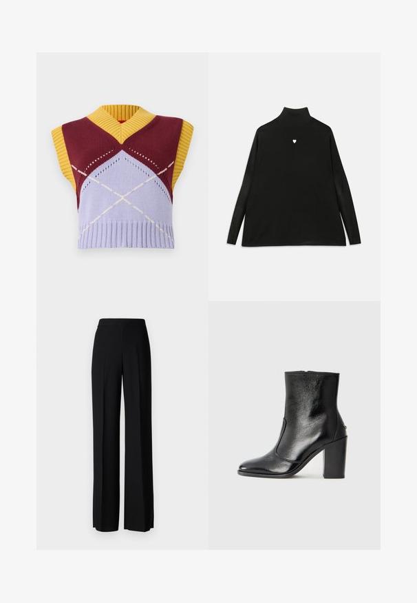 Strick-Ärmelloser Pullover mit einem V-Ausschnitt in Bordeauxrot, Gelb und Lavendel, mit einem Argyle-Muster und geripptem Saum. Klare geometrische Designdetails.; Schwarzer Rollkragenpullover mit langen Ärmeln, ausgestattet mit einem kleinen weißen Herz-Emblem auf der Brust. Weicher Stoff und lockere Passform.; Schwarze weite Hosen mit einer glatten Textur, ausgestattet mit einem hohen Bund und mittleren Falten. Keine sichtbaren Muster oder Hardware-Details.; Schwarze Leder-Stiefelette mit glatter Textur, spitzem Fuß und klobigem hohen Absatz. Verfügt über eine seitliche Öffnung und ein minimalistisches Design.